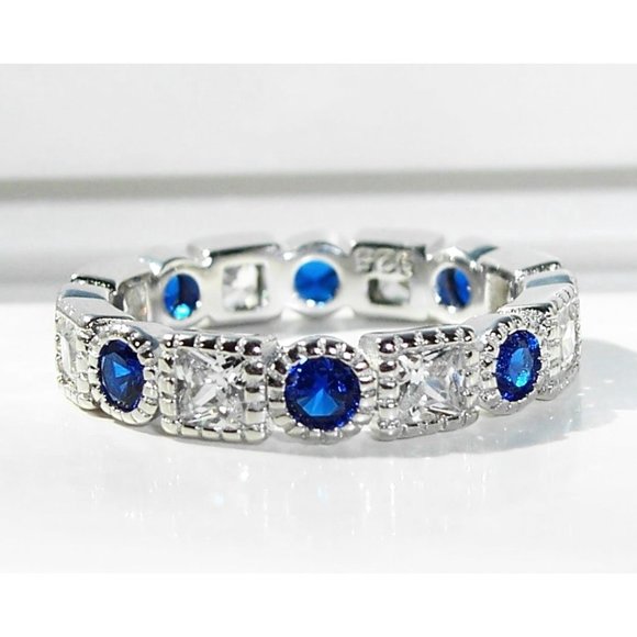 925 STERLING SILVER Blue Spinel & Clear CZ Bezel Set Eternity Band Ring - Picture 1 of 14